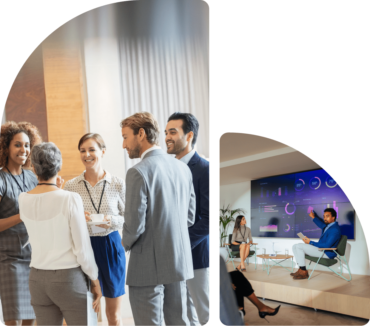 Business professionals networking in a modern office setting.