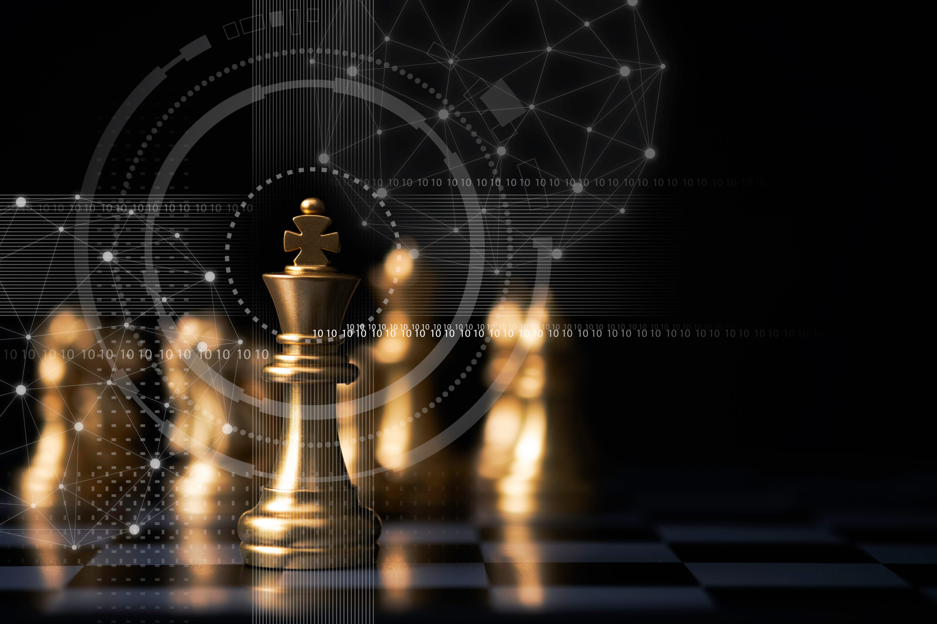 Golden chess pieces with a futuristic digital background on a chessboard.